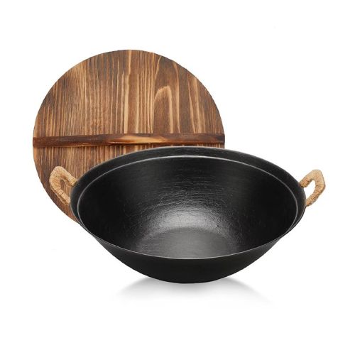 Cast Iron Wok Pan with Dual Handle and Wooden Lid(AMZ Shipping) Cast Iron Wok Pan with Dual Handle and Wooden Lid(AMZ Shipping)